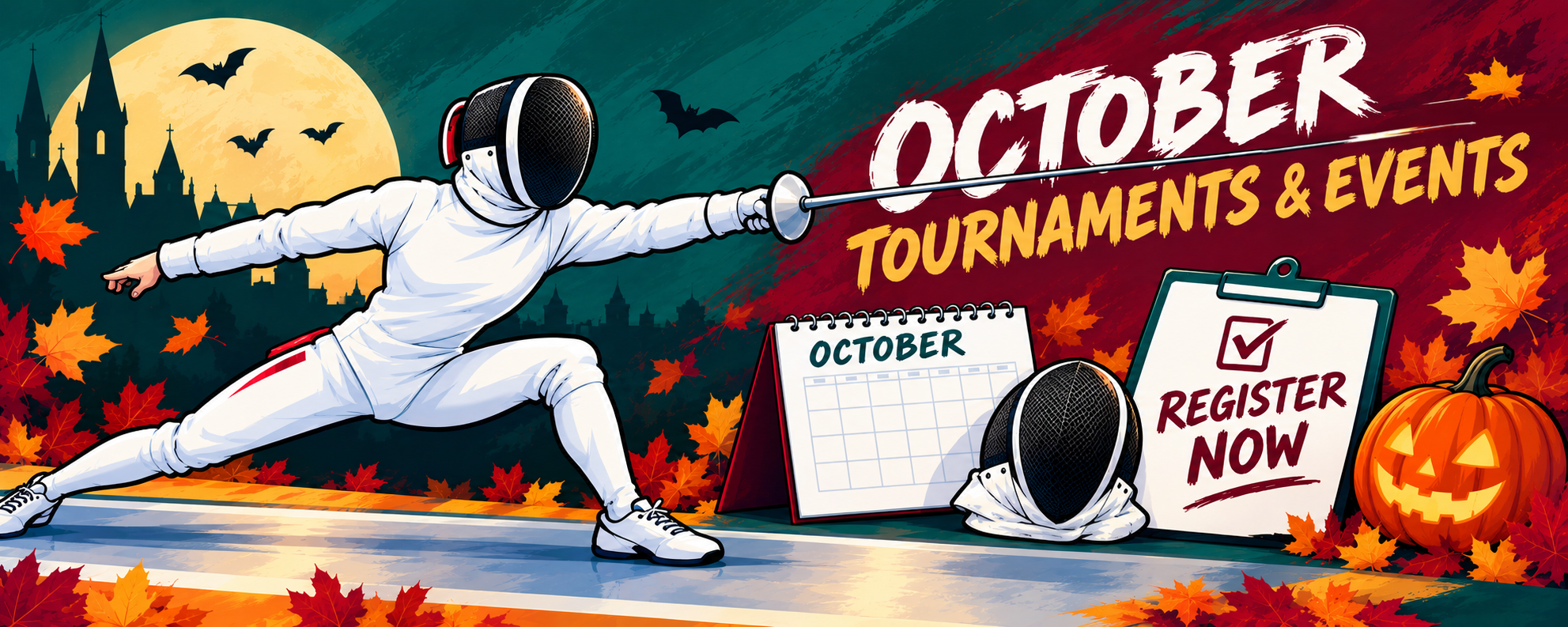 Fencer lunging beside an October calendar and a Register Now clipboard — October tournaments and events / Escrimeur en fente près d'un calendrier d'octobre — tournois et événements d'octobre, inscrivez-vous