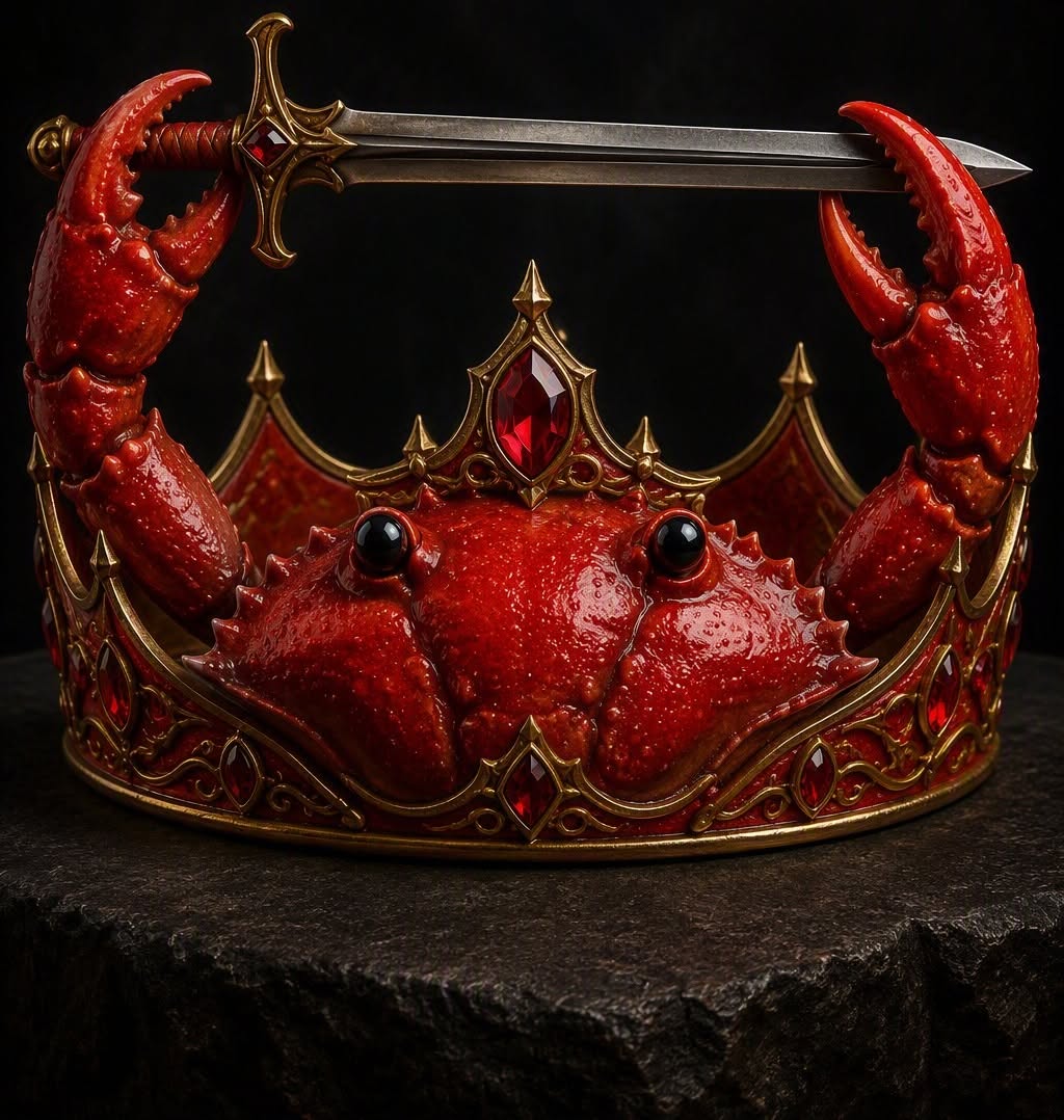 A jeweled crown shaped like a red crab, with a sword laid across its claws